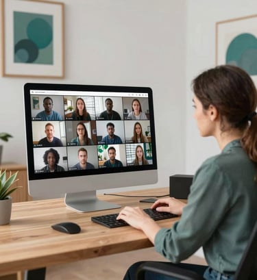 Casting director at a light wood desk, reviewing video auditions on a large monitor. The room is decorated with minimalist art and plants, reflecting a professional but warm human touch. Accent colors in #1A5E63 are present in the decor.