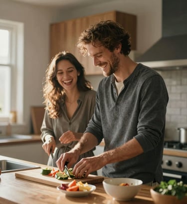 Candid interior shot of a sun-drenched kitchen. A couple is laughing while preparing a meal, surrounded by warm wood and charcoal accents (#2F4F4F). The light is cinematic and hazy, suggesting a calm, happy atmosphere.