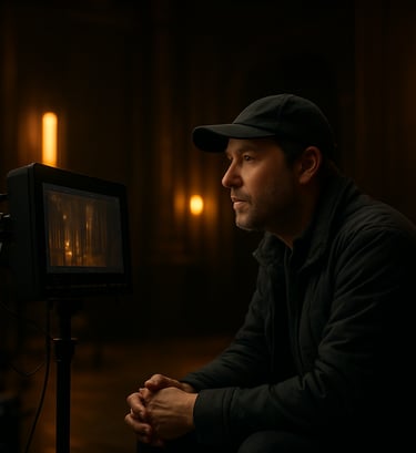 A behind-the-scenes photograph of a film director looking at a monitor on a dark, sophisticated film set with golden accent lighting. Professional atmosphere, North American / International.