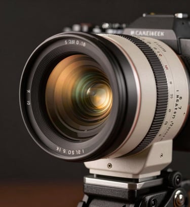 Close-up photography of a professional cinema camera lens. The glass reflects a warm gold studio light. The body of the camera is a matte off-white and charcoal gray. Global / Western professional studio setting with a blurred dark background.