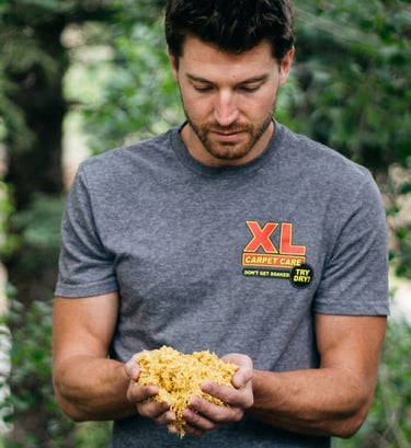 A XL Carpet Care technician holding a handful of porous Host dry-cleaning sponges in Evergreen, Colorado.