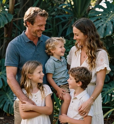 A heartwarming, professional portrait of a young family laughing together in a lush South African garden. The lighting is warm and authentic, featuring deep forest teal foliage and a soft, inviting atmosphere.