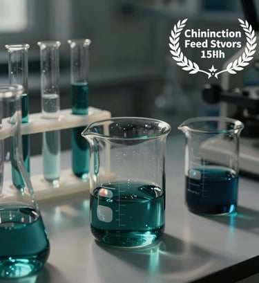 Artistic shot of laboratory glassware including beakers and test tubes filled with dark forest teal dyes, reflecting soft milky pearl light in a dim room.