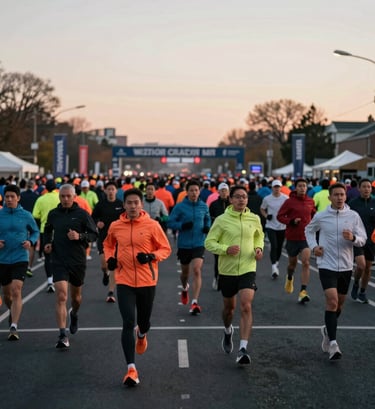 Wide-angle shot of the race starting line at dawn. A sea of runners in colorful gear (incorporating #8C847E and muted tones) is ready to move. The atmosphere is tense and energetic. High-contrast lighting between the dark asphalt #0D0D0D and the morning sky #F2F1ED. Authentic and dynamic vibe.
