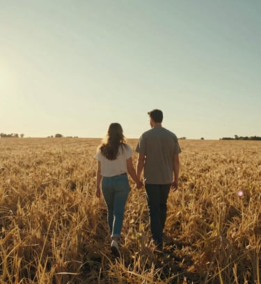 A wide-angle cinematic shot of a couple walking through a golden field in the US Midwest. The sun is low, creating a lens flare and casting a warm, sun-drenched glow over the scene. The mood is deeply personal and authentic, focusing on their storytelling connection.