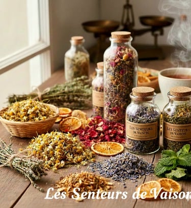 plantes et tisanes en vrac et en flacons sur une table rustique