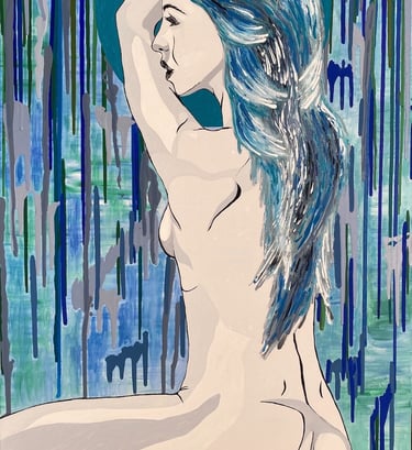 Femme nue debout, vue de trois quarts dos en plan américain, la tête de profil tournée à gauche.