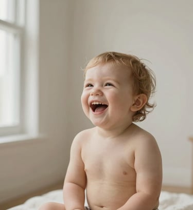 A large, airy portrait of a toddler laughing, set against a minimalist backdrop in a West Michigan studio. The composition is clean and focused, using soft natural window light to create a timeless and approachable feel. The aesthetic is light and warm with soft beige tones.