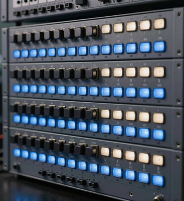An array of professional rack-mounted signal processors with glowing slate blue and off-white indicators. Clean, organized, and technically dense composition emphasizing professional excellence in audio engineering.