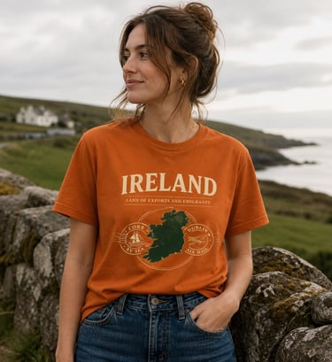 Woman wearing an orange Ireland graphic t-shirt by a coastal stone wall.