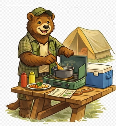 Cartoon bear calmly cooking at a picnic table, showing practical outdoor skills taught at BALOO.