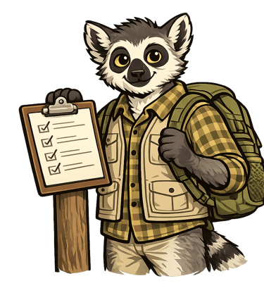 A cartoon lemur scout leader holds a checklist clipboard and a small backpack.