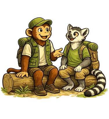 Monkey and lemur sitting on a log and talking, representing friendly reassurance for new leaders.