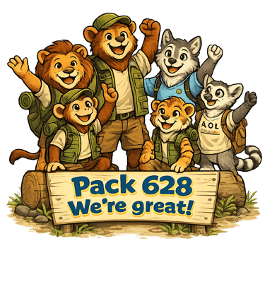 Cartoon animals celebrating together behind a sign that reads “Pack 628, we’re great!”