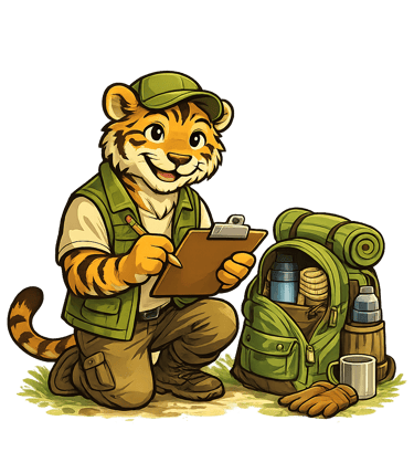 Cartoon tiger kneeling with a clipboard beside an open backpack, checking gear for BALOO training.