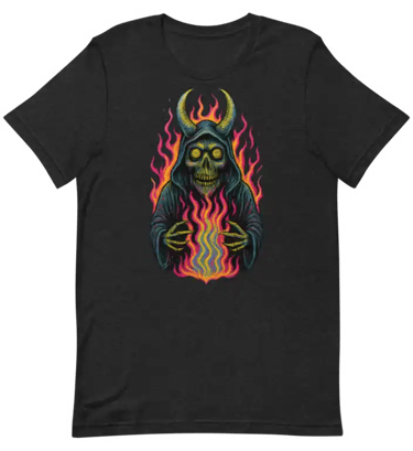 Demon with hypnotic eyes rising from psychedelic flames.