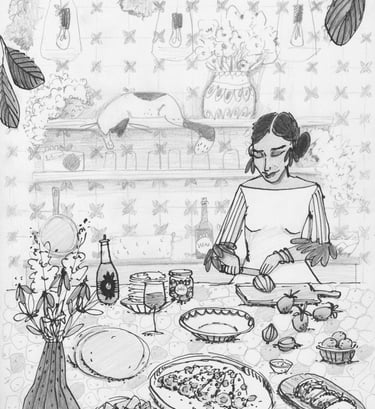 Schwarz weiß Illustration mit Tusche und Bleistift eine Frau Kocht Mexikanisches Essen