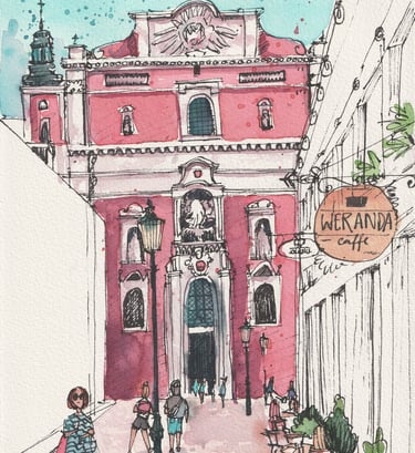 Urban Sketch Illustration dokumentarische Skizze poznan basilika in Aqurell und Tusche