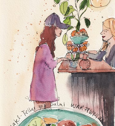 Illustration Falafelteller zwei Frauen an einer Holtheke warmes licht