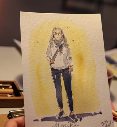 Gästeportrait, live mit Tusche und Aquarell, auf einer Veranstaltung