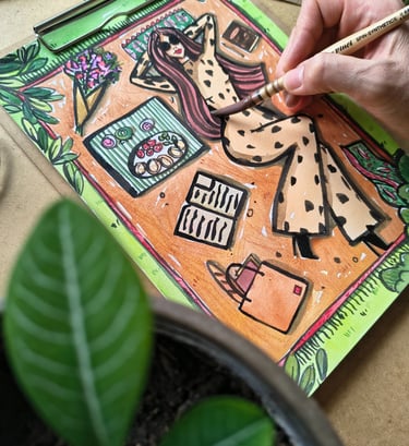 Editorial Lifestyleillustration, handgemalt mit Tusche und Aquarell