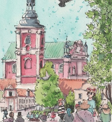Urban Sketch Illustration dokumentarische Skizze poznan basilika in Aqurell und Tusche