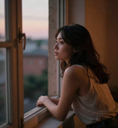 Candid film shot of a young woman looking out of a window at dusk. Grainy aesthetic, soft focus. The room is dim with warm terracotta tones (#D1B499) and deep shadows (#3E352B). Her expression is thoughtful and authentic.
