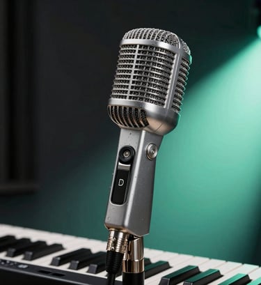 A professional close-up shot of a classic silver microphone and the edge of a keyboard in a International / English-speaking recording studio. The background is Deep Obsidian with a spotlight effect of Electric Mint. Bright, funky, and creative aesthetic.