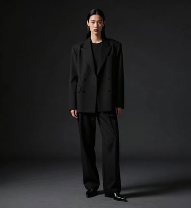 Full-body shot of a model in a monochrome avant-garde outfit. The background is deep black #0F0F0F, creating an exclusive and moody atmosphere. Minimalist and refined fashion design.