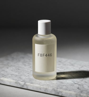 Product photography showing a bottle on a marble slab. The lighting is harsh and direct, creating a high-contrast look. The composition is elegant and minimalist, incorporating #F8F4ED and #363131.