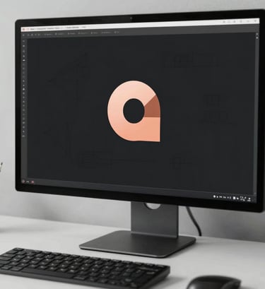 A close-up of a digital design workstation showing a sleek monitor with vector logo sketches. Professional lighting, clean lines, featuring a palette of black and Burnt Peach.