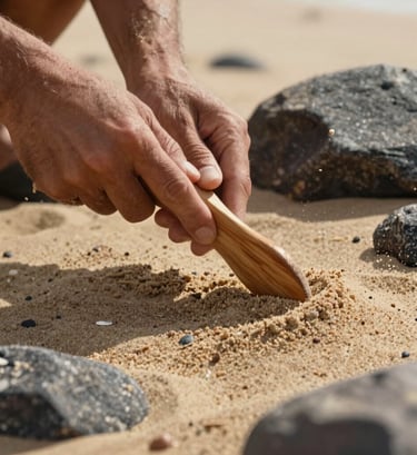 Candid close-up of hands holding a wooden tool, carefully etching a texture into the soft sand. The lighting is warm and sun-drenched, highlighting the granular detail of the sand and the earthy charcoal tones of nearby rocks.