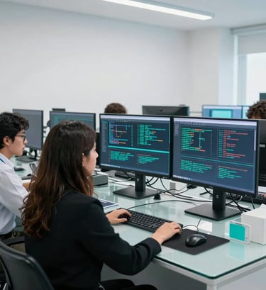 A clean, well-lit digital rights research lab in Mexico City. A female professional and her colleagues are analyzing complex data streams on high-resolution screens showing cyber security algorithms. The environment is minimalist and clinical, with dominant white walls, glass desks, and soft accents of teal light. Authoritative and academic atmosphere, representing digital violence prevention research.