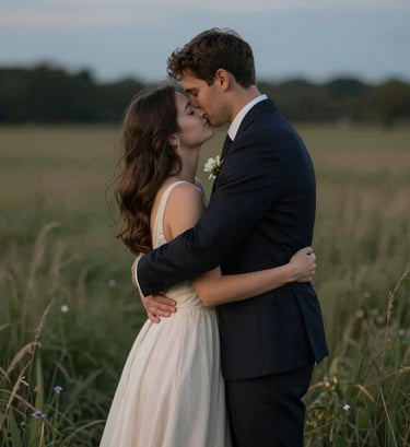 A timeless wedding photograph of a couple embracing in a field at dusk. The groom is wearing a dark suit in #3A3335, and the bride's dress is a soft cream #F5F2F0. The image is artistic, heartfelt, and elegant.
