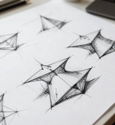 A collection of loose architectural sketches on a desk, showing fluid lines and conceptual volumes. The style is authorial and artistic, using charcoal and ink. Clean composition with plenty of whitespace around the drawings.