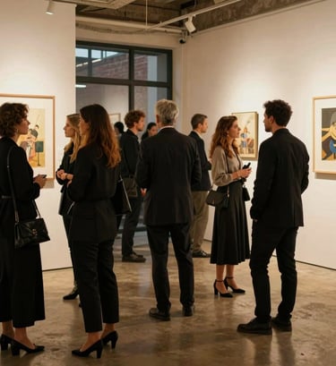A candid shot of guests at an exclusive art exhibition opening in an International / Global Art Scene urban loft. The lighting is a warm Bronze Gold, and people are dressed in elegant, professional attire.