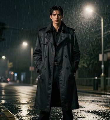 A large-scale cinematic frame featuring a male model in a charcoal black trench coat standing in a rain-slicked urban environment at night. Soft off-white streetlights create a halo effect. Highly dramatic, film-noir aesthetic.