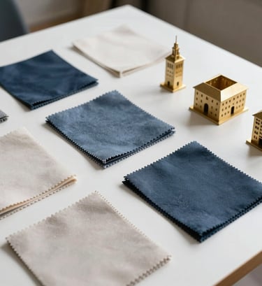 Atmospheric photography of a set designer's workspace in Western Europe. Mood boards, fabric samples in muted blue and off-white, and small gold-plated architectural models on a white table.