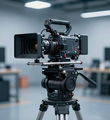 Medium shot of a professional camera rig on a dolly, blurred industrial background with slate blue tones (#4A616F). High-tech aesthetic, reflecting the premium equipment of an audiovisual studio.