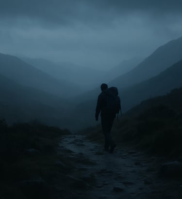 Cinematic wide shot of a solitary hiker on a misty mountain trail in the Brazilian highlands at twilight, atmospheric lighting with deep blue and grey tones, symbolizing a difficult but beautiful journey.