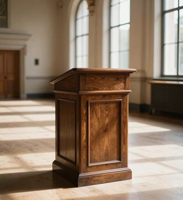 A heavy dark oak lecture podium standing in a historic, sun-drenched university hall. The light creates soft cream-colored streaks across the floor, and the atmosphere is silent, scholarly, and profoundly intellectual.