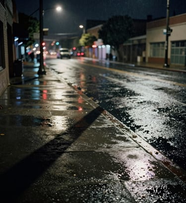 A film noir style scene of a rain-slicked North American / US city street at night. Deep black asphalt reflects soft off-white streetlights. Long, dramatic charcoal grey shadows stretch across the sidewalk.