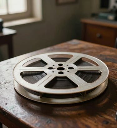 A vintage film reel resting on a wooden table in a sunlit room in Luanda, soft cinematic lighting, deep black shadows, soft off-white highlights, museum archive atmosphere.