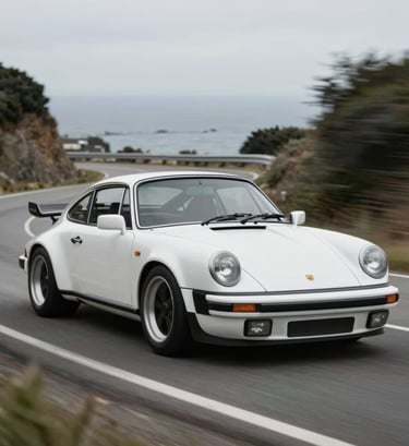 An action shot of a vintage Porsche racing through a winding coastal road. Motion blur on the wheels and road, while the car remains perfectly sharp. The color palette emphasizes #1C2833 and #F8F8F8 highlights. Exclusive and dynamic.