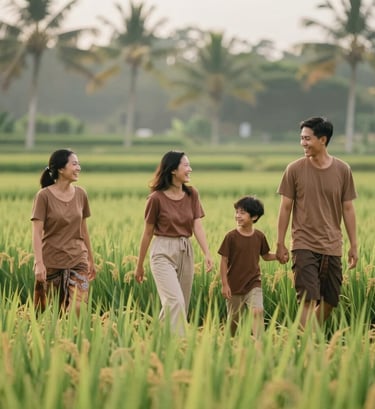 A family laughing together while walking through a lush Bali rice paddy. Soft morning light, airy composition, natural expressions with earthy brown #8F6E5F accents.