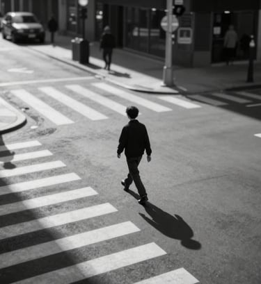 Main project photo: An urban street scene captured from a high angle, emphasizing the geometric patterns of crosswalks and shadows. One lone figure walks across the frame. High contrast black and white style incorporating tones of #0A0A0C and #F5F7FA.