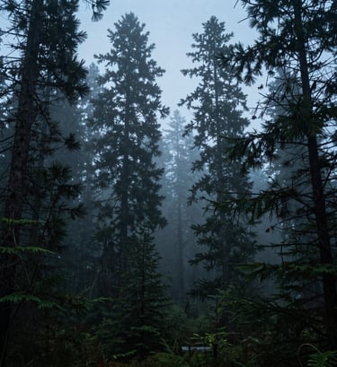 A wide cinematic shot of a misty pine forest in the US Pacific Northwest during blue hour. The scene is atmospheric and thought-provoking, with deep teal and charcoal grey hues creating a modern, sophisticated landscape.