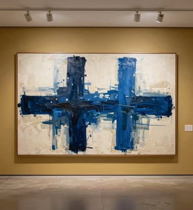 A wide-angle professional photograph of a large-scale abstract painting hanging on a muted gold gallery wall. The artwork features bold midnight blue strokes against a cream background. Professional track lighting highlights the texture, set in a clean North American gallery space.