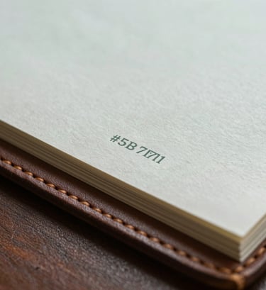 A macro shot of high-quality archival paper and a leather bookbinding, showing exquisite texture and a refined color palette of #5B7B71 and #F1F4F2.