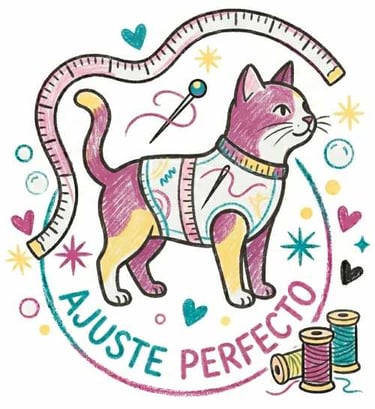 Ilustración de gato con cinta métrica y aguja con el texto Ajuste Perfecto